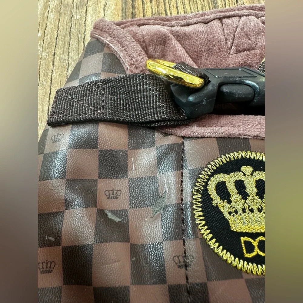 Brown Checkered Dog Harness with Crown Logo